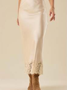 2026 Womens Lace Trim Long Satin Skirt Silk Elegant High Waist Cocktail Party Wedding Flowy A-Line Maxi Skirts - trắng - Xem 1