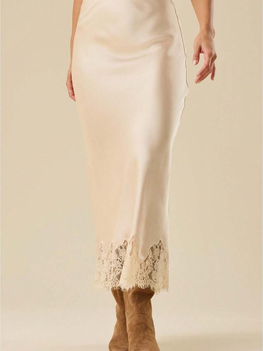 2026 Womens Lace Trim Long Satin Skirt Silk Elegant High Waist Cocktail Party Wedding Flowy A-Line Maxi Skirts - trắng - Xem 1