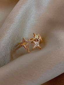 1pc Elegant Sparkling Star Shaped Zirconia Inlaid Open Ring, Suitable For Festivals, Leisure And Vacation Wear - Gold - View 4