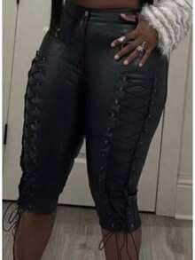 Sexy Strap-On Leather Pants Nightclub Women's Pants - 黑色 - 查看 2