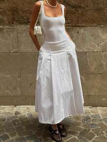 Chân váy dài xòe thanh lịch dành cho nữ, chất liệu vải dệt kim không co giãn, thích hợp cho các bữa tiệc mùa xuân, màu trắng. - trắng - Xem 5