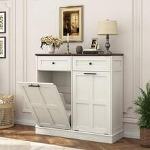 10-20 Gallon Double Trash Can Cabinet | Features Tilt-Out Laundry Hamper, Drawers & Farmhouse Design - White - View 6