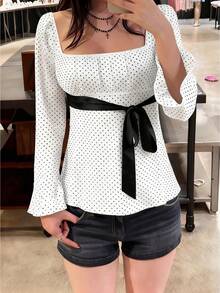 Women Fairy Grunge Y2k Babydoll Shirt Long Flare Sleeve Polka Dot Tie Back Flowy Preppy Tees Top Backless Square Neck Vintage Aesthetic Blouse - trắng - Xem 1