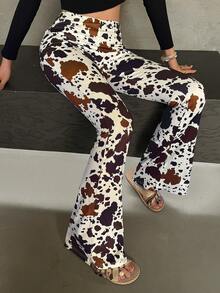 Western Style Women's Fashion Cow Print Pocket Flare Pants, Casual, Vacation, Date, Cool Girl Long Trousers - Multicolor - View 3