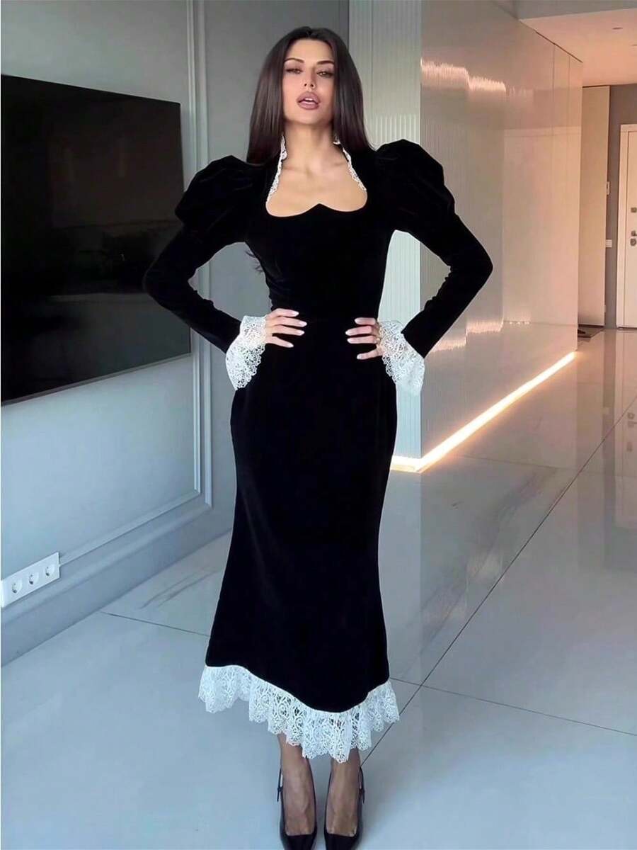 Elegant Velvet Long-Sleeve Women's Dress With Heart-Shaped Neckline, Black Lace Patchwork Autumn Maxi Silhouette, Wrap Skirt For Women - 黑色 - 查看 1