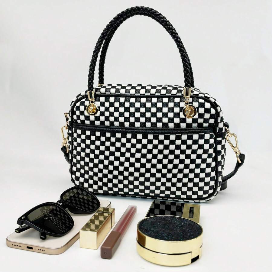 Checkered Crossbody Bag For Women Shoulder Plaid Handbags Top Handle Satchel Bag Woven Bum Bag Stylish Woven Crossbody Bag PU Leather - 黑白格紋 - 查看 1