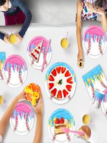 10pcs/Set Ice Cream Baseball Theme Party Tableware Set, Includes Paper Plates, Napkins, Cups - 7 Inch Round Baseball Dessert Plates, Suitable For Cake, Salad, Fruit, Pizza, Disposable Themed Decor, Suitable For Sports Fans, Sports Events, Birthday Parties, Can Also Be Used As Disposable Tablecloth. - Multicolor - View 4