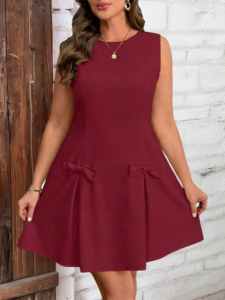 Plus Size Women Sleeveless Solid Color Bow Knot Casual Midi Dress, Suitable For Spring, Summer, Autumn - Purple - View 1