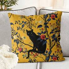 1个黑色猫咪图案抱枕套 - 17.7*17.7英寸，2D数码单面印花，花树猫咪黄色抱枕套，乡村风格装饰，适用于农舍、客厅、卧室、沙发、门廊、露台、户外，不含枕芯 - 彩色 - 查看 2