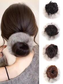 Synthetic Wigs Hair Bun Extensions Claw Clip Hair Bun With Grey Plush Hair Band Updo Hair With Clip For Women Daily Winter Use
