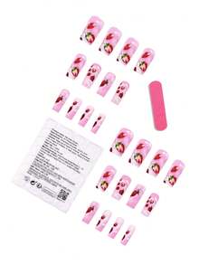 24片情人节粉色奶油水果图案假指甲 草莓牛奶短方形按压式指甲 - 粉色 - 查看 5