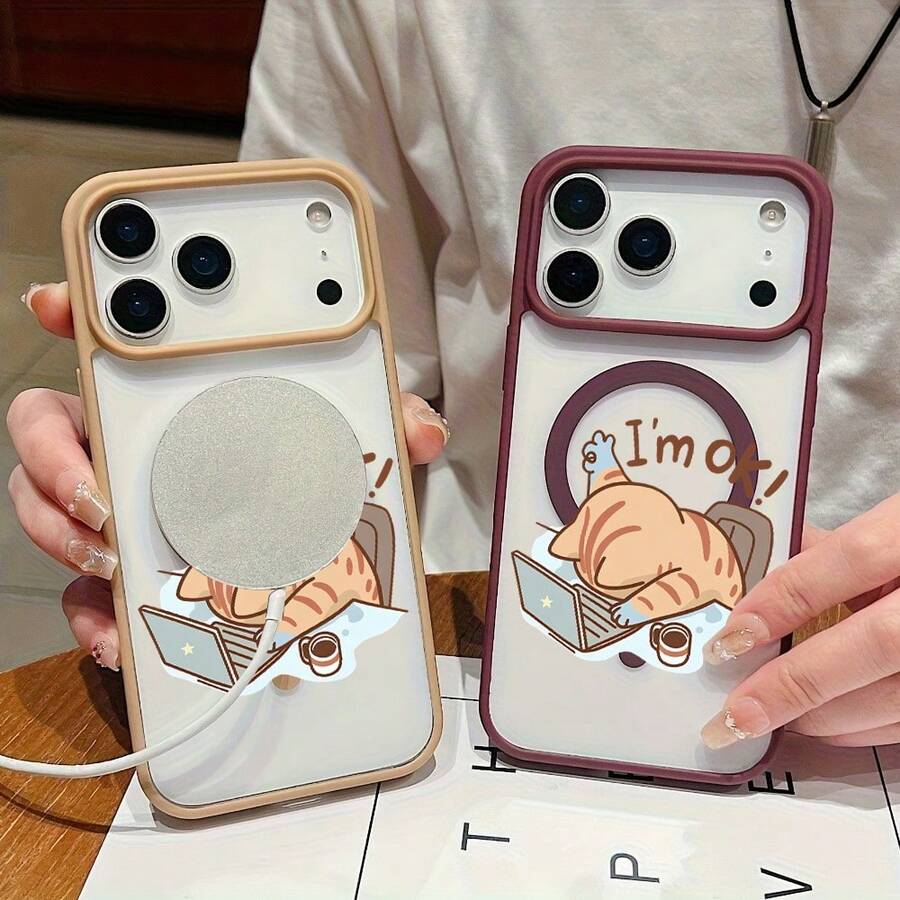 Cute Cat-Themed Work Scene Phone Case, Macaron Style, Magnetic, Drop-Proof TPU Frame, Independent Lens Frame, Built-In Magnetic Ring (MagSafe), Instantly Attaches. Compatible With IPhone 17, 16, 15, 14, 13, 12 Pro, Pro Max Plus, 17 Air, 16E. Two-In-One Design, Perfect Christmas Gift For Friends, Loved Ones, Or Yourself. - Black - View 1