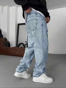 直筒水洗棉质牛仔裤，百搭阔腿水洗牛仔裤，情侣宽松直筒牛仔裤