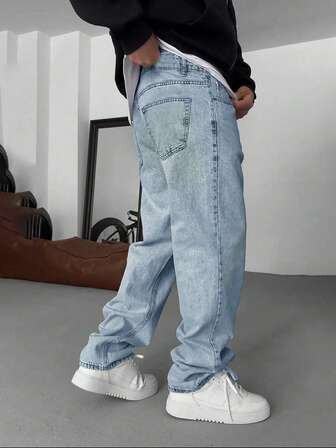 Raka jeans i bomull, tvättade, mångsidiga, vida, tvättade jeans, löst sittande raka jeans för par