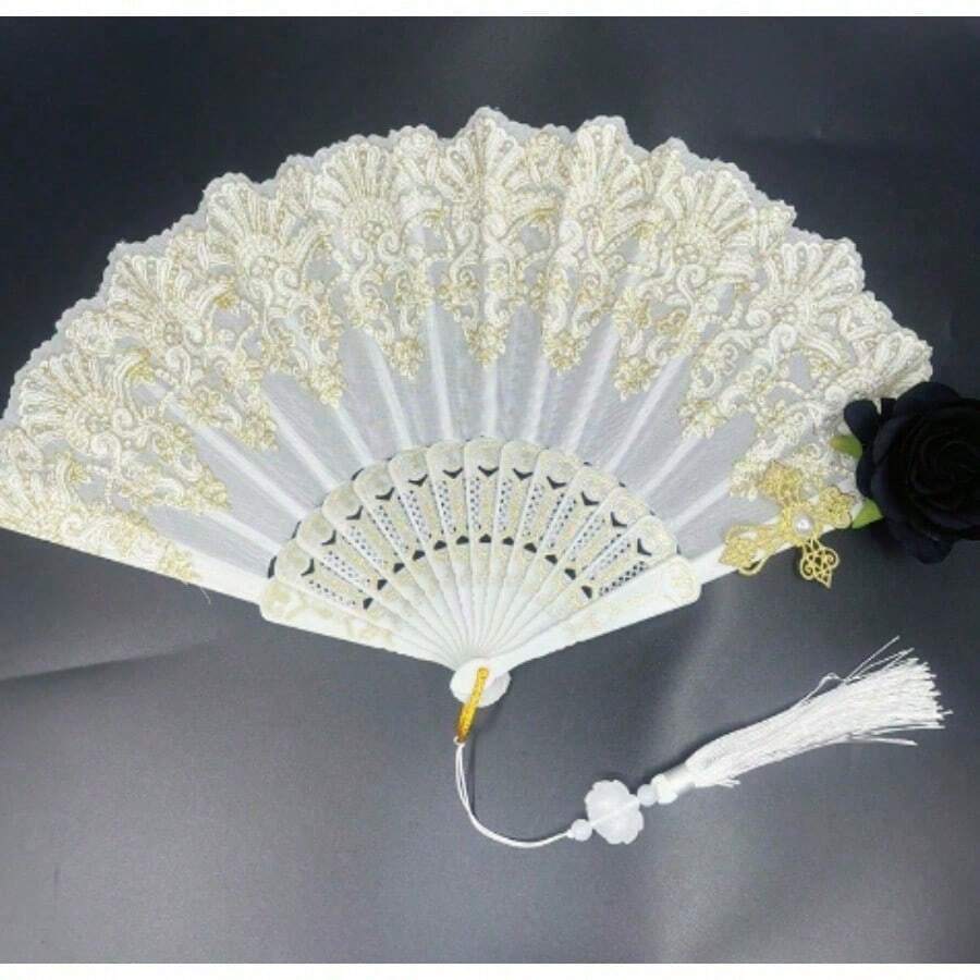 Vintage Spanish Flamenco Rose Lace Folding Fan - Elegant Black Handheld Fan, Perfect For Party And Wedding Decorations, Suitable As A Room Accent For Both Men And Women - Quạt hoa hồng trắng đen dập vàng có tua rua - Xem 1