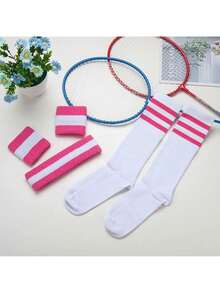 TendenciaONUPGO 5 Piezas Sweatbands Striped Socks Set Cinta Deportiva para la Cabeza Muñequeras Calcetines de Rayas para Hombres y Mujeres Deportes 80s Disfraces Fiesta TemáticaCalidad premium - Rayas rosas/blancas/rosas - Ver 3