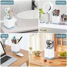 Toothbrush Holder Toothpaste Organizer Drainage For Bathroom Vanity Detachable Anti-Slip Brushed Nickel Toothpaste Storage Caddy 3 Slots With Drainage Holes For Makeup Brush Razor Stand - Blue & White - View 5