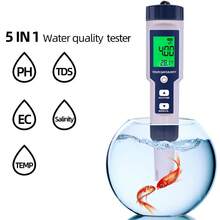 5 in 1 Water Quality Tester Digital Meter Water Quality Analyzer Detector PH/ TDS/ EC/ Temperature/ Salinity Testing IP67 Water Resistance Backlight Display - Azul - Ver 8
