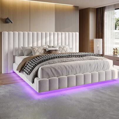 Modern Platform Bed Frame Queen/King Size With LED Lights, Velvet Upholstered Bed Frame With Oversized Headboard, Sturdy Construction, No Box Spring Needed