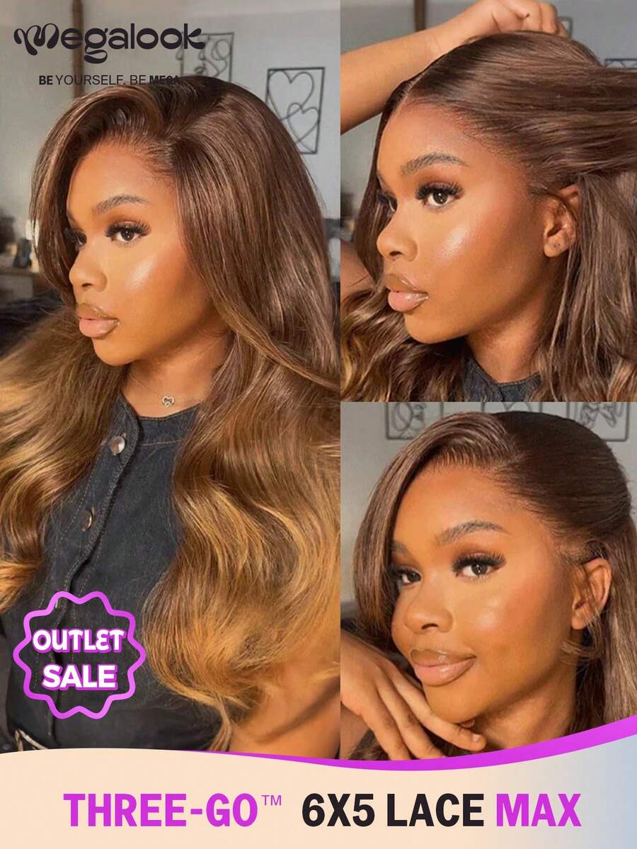 MEGALOOK 20英寸金色渐变挑染棕色发根自然波浪假发，100%真人发 - 预剪裁6x5蕾丝无胶假发，带抽绳帽，无需胶水即可佩戴，透明蕾丝假发，预先拔毛的自然发际线，挑染发色假发 - 彩色 - 查看 1