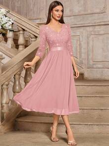 MIUSOL Elegant V-Neck Sequin Floral Lace Ruffle Chiffon 3/4 Sleeve Maxi Dress, Suitable For Wedding Guest, Graduation Ceremony, Evening Party Pink Spring - Pink - View 5