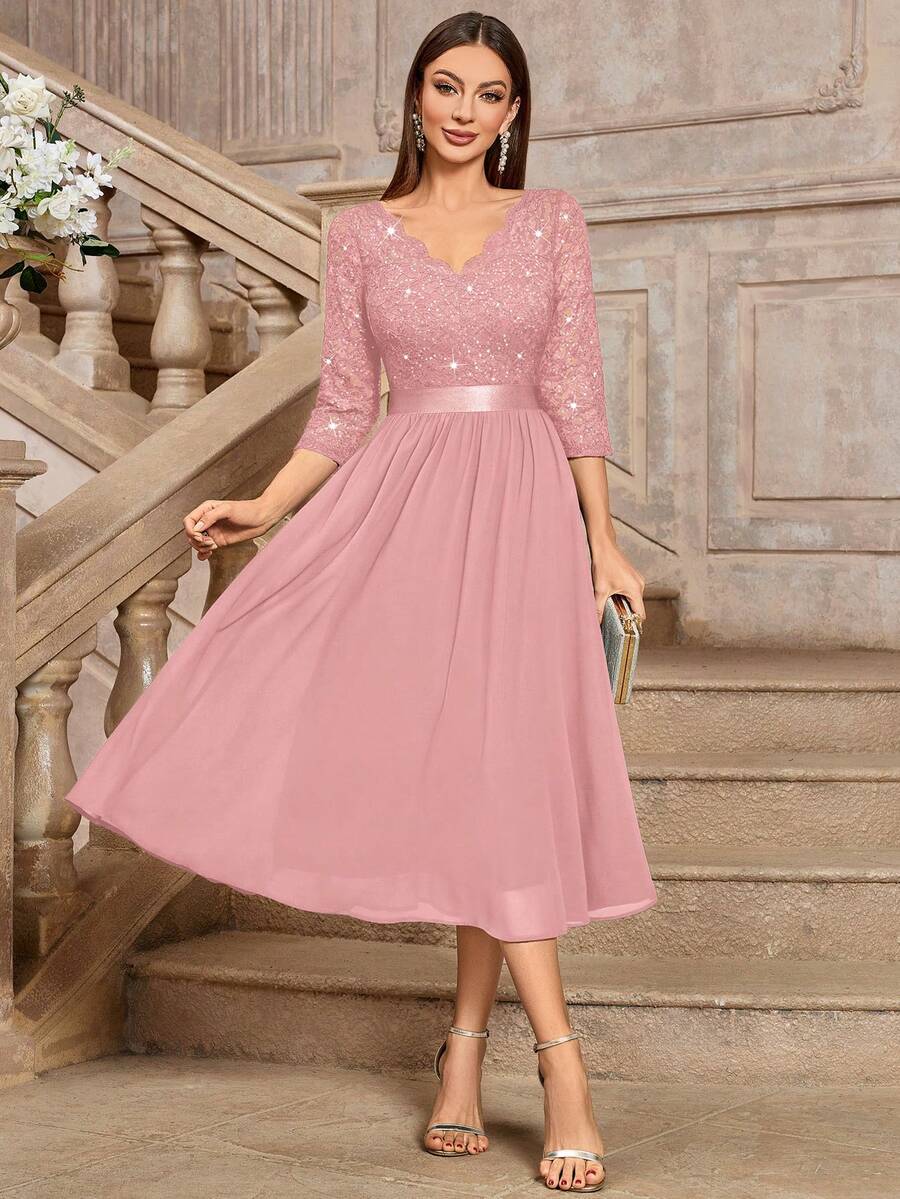 MIUSOL Elegant V-Neck Sequin Floral Lace Ruffle Chiffon 3/4 Sleeve Maxi Dress, Suitable For Wedding Guest, Graduation Ceremony, Evening Party Pink Spring