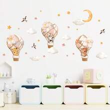 BRUP 1张可爱卡通动物热气球儿童墙贴，可移除，适用于婴儿房、游戏室装饰，带有梦幻云朵、星星、月亮和花朵图案。 - 彩色 - 查看 6