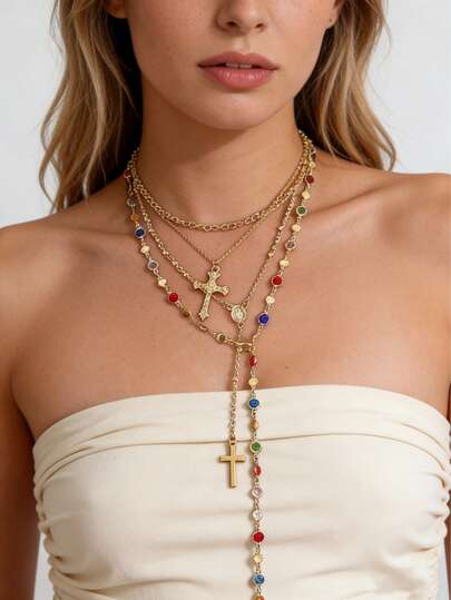 4pcs/Set Bohemian Crystal Cross Pendant Necklace Women, Tasseled Long Necklace, Vacation Style, Unique Jewelry Gift For Friends & Everyday Wear