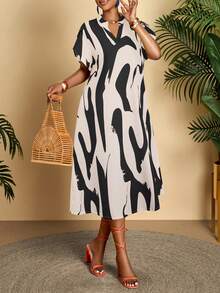 AIJ Đầm in hoa thanh lịch dành cho nữ, họa tiết hoa ngẫu nhiên. - Đen và trắng - Xem 4