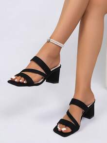 女士夏季新款粗跟透气防滑露趾高跟凉鞋，优雅舒适百搭女士连衣裙凉鞋 - 黑色 - 查看 4