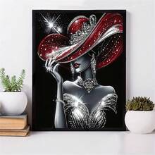 1 Set Exquisito Kit de Pintura de Diamantes 5D - Dama Elegante con Sombrero Rojo y Vestido, Incrustado con Diamantes Acrílicos Redondos Brillantes, Artesanía de Diamantes Completa, Decoración de Pared sin Marco, Adecuado para Sala de Estar, Dormitorio, Oficina - Regalo Ideal para Fiestas, Nuevo Set de Pintura de Diamantes, Marco no Incluido, Múltiples Tamaños Disponibles - Multicolor - Ver 2