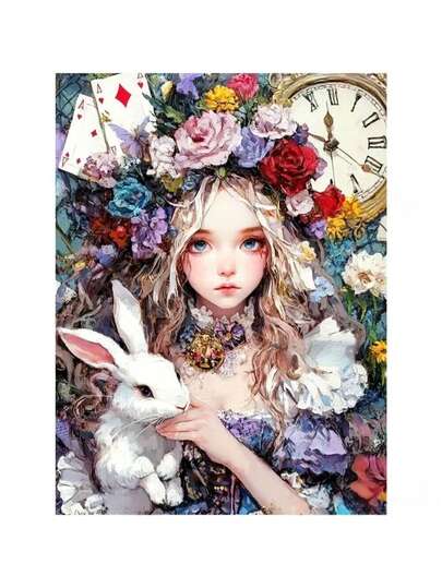 一套DIY钻石画套装，女孩抱兔子圆形无框钻石艺术装饰画，DIY手工工具，家居卧室客厅装饰礼品