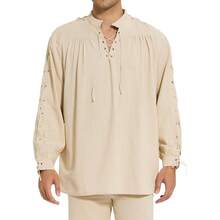 男士宽松亚麻中世纪哥特式文艺复兴海盗雇佣兵长袖衬衫 - 米色 - 查看 2