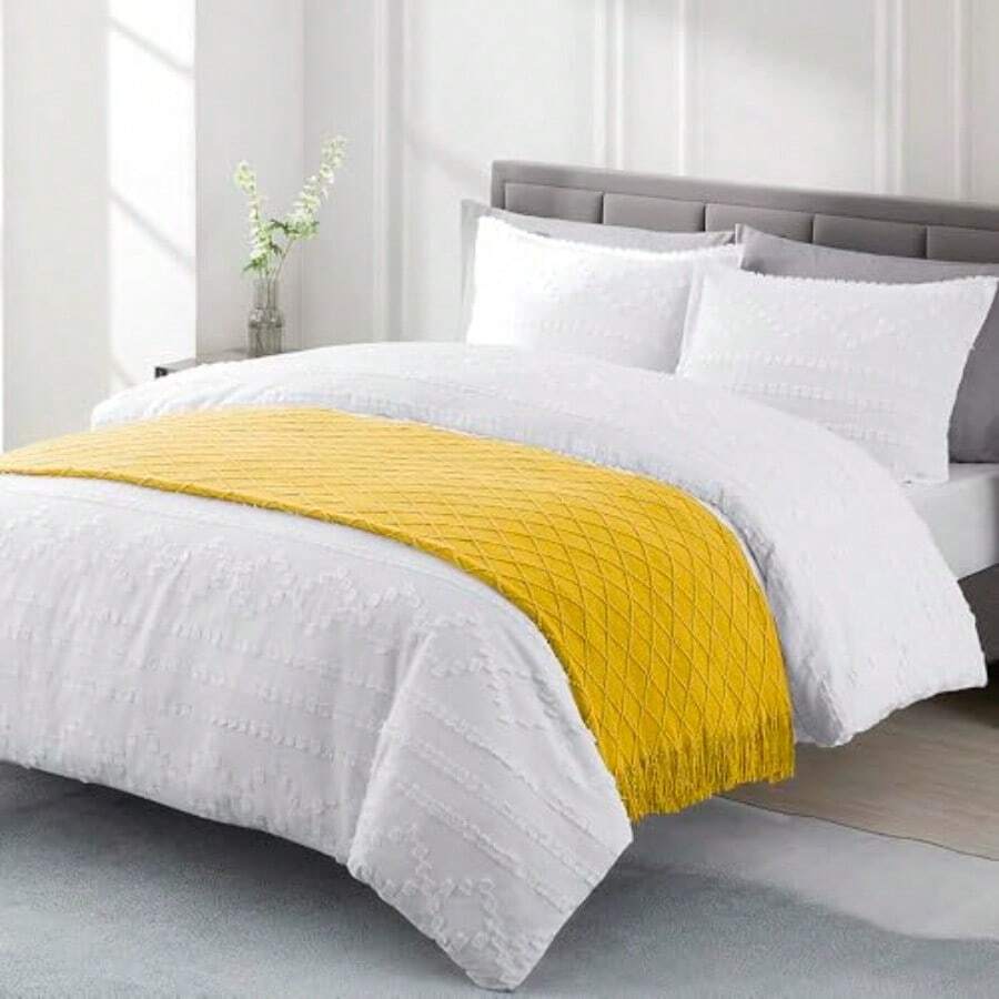 FIAN MACAR Pie de Cama Camino Decorativo para Colcha o cobertor Suave y Ligera con Textura Decorativa y Flecos. - Mostaza+Estándar - Ver 1