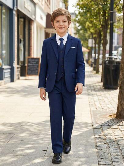 4pcs Navy Blue Boys Formal Suit Set, Including Tailcoat, Tuxedo, Pageboy Outfit, Wedding Suit Jacket, Vest, Pants And Tie, Size 4-16 Years