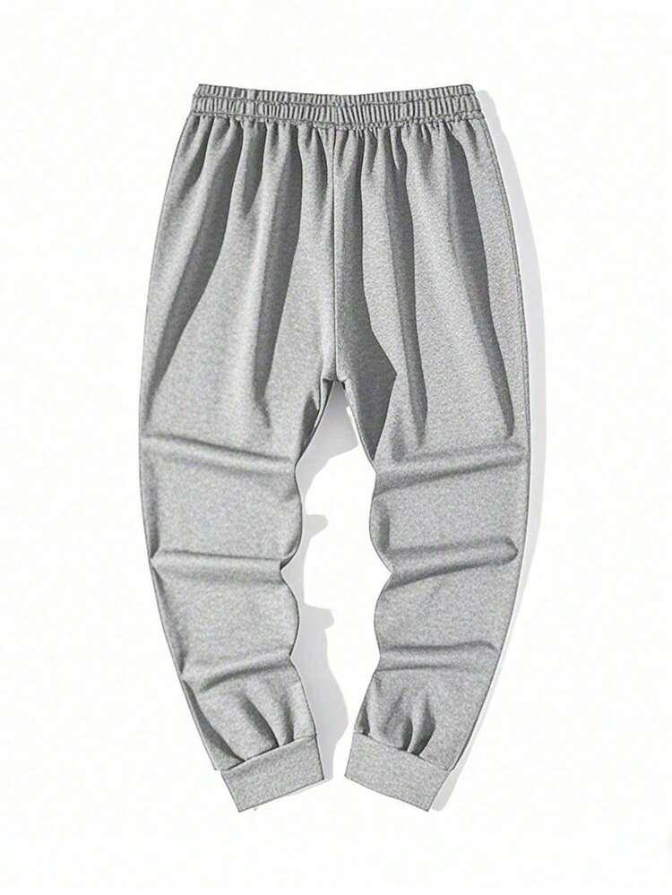 Men's Drawstring Waist Solid Color Long Sports Pants, Basic Black Fitness Pants - Light Grey - View 3