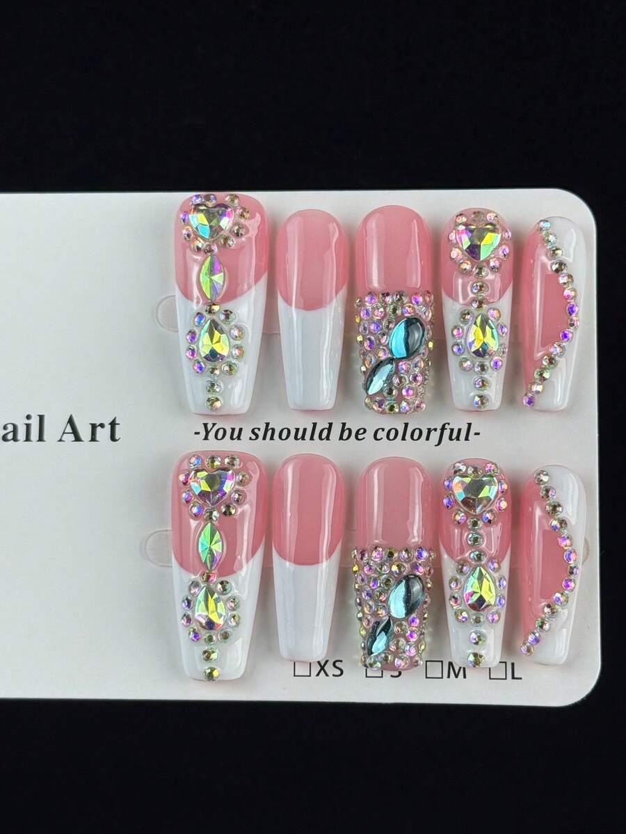 10片装高端甜美少女风手工彩绘立体心形钻石闪亮镶钻假指甲，适合春季郊游、露营野餐、姐妹聚会、下午茶和生日派对等场合。 - 彩色 - 查看 1