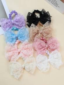 4/8 Pcs Girls Colorful Flower Lace Bow Small Satin Hair Scrunchies Hair Rings, Cute New Back To School Large Lace Bowknot Satin Hair Ropes Hair Ties, Soft Silky Ponytial Holders Hair Accessories For Holiday Parties And Daily Use - Multicolor - View 4