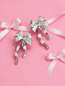 1 Pair Elegant Ribbon Bow Decor Earrings, Versatile Casual Chic Aesthetic Vibe - Silver - View 2