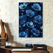 1pc, Blue Poppy Floral Canvas Wall Art Dark Navy Flower Print Elegant Gold Accents Modern Botanical Decor Large Stretched Framed Artwork For Living Room Bedroom Dining Office Sophisticated Nature Painting Home Decoration Gift - 彩色 - 查看 3