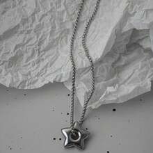 Y2K 芒星月亮吊坠项链套装，个性化镶嵌水钻星星爱心蛇骨不锈钢粗链项链，适合女性 - 銀色 - 查看 10