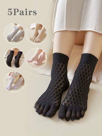 5 Pairs Women's Elastic Mid-Calf Toe Socks, Sheer Breathable Toe Separator Socks