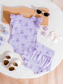 Bộ đồ 2 món cho bé gái, áo liền quần trễ vai xếp ly in hình bướm hồng dễ thương với quần short cạp cao, chất liệu mềm mại và thoáng khí, phù hợp cho bé gái mặc đi chơi hàng ngày. - Màu Lilac Tím - Xem 2