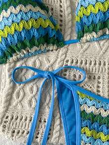 Conjunto de bikini bohemio para mujer de dos piezas con cuello halter, tirantes y espalda abierta, de tela con textura única - Azul - Ver 2