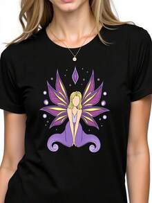 Camiseta artística hada encantada estampado ilustrado estilo bohemio moda casual para mujer colores disponibles negro, azul, blanco, rojo y verde ropa femenina  2023 - Negro - Ver 1