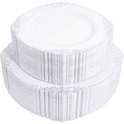 Bandeja de servir plateada, base blanca con diseño de patrón en relieve plateado, plato elegante y lujoso para fiestas, vajilla para alimentos, pasteles, postres, aperitivos, pizza, adecuado para cumpleaños, bodas, eventos escolares, cena de Navidad (disponible en múltiples tamaños para acomodar a cualquier número de invitados)