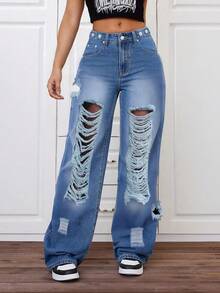 Fashionable High Street Ripped Blue Jeans For Women, Adjustable Waist Design, Casual Street Style Loose Fit Straight Leg Denim Pants, Suitable For Spring & Summer - Blue - View 1