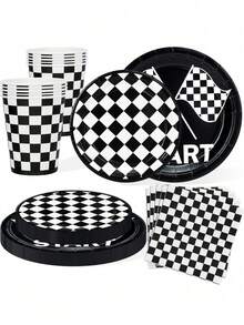 10pcs/20pcs/50pcs/80pcs Race Car Party Plates Cups And Napkins Sets Black And White Checkered Birthday Decorations Tableware Racing Sports Themed Dinnerware For Boys Birthday Baby Shower Home Decor - Multicolor - View 1