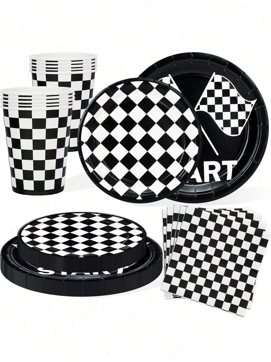 10pcs/20pcs/50pcs/80pcs Race Car Party Plates Cups And Napkins Sets Black And White Checkered Birthday Decorations Tableware Racing Sports Themed Dinnerware For Boys Birthday Baby Shower Home Decor - Multicolor - View 1
