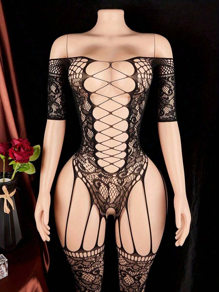 1 Piece Lingerie,Jumpsuit With Fishnet Socks - Complex Jacquard And Hollow Design - Translucent Mesh, Nights And Valentine's Day Gifts, Lingerie Set - màu đen - Xem 1